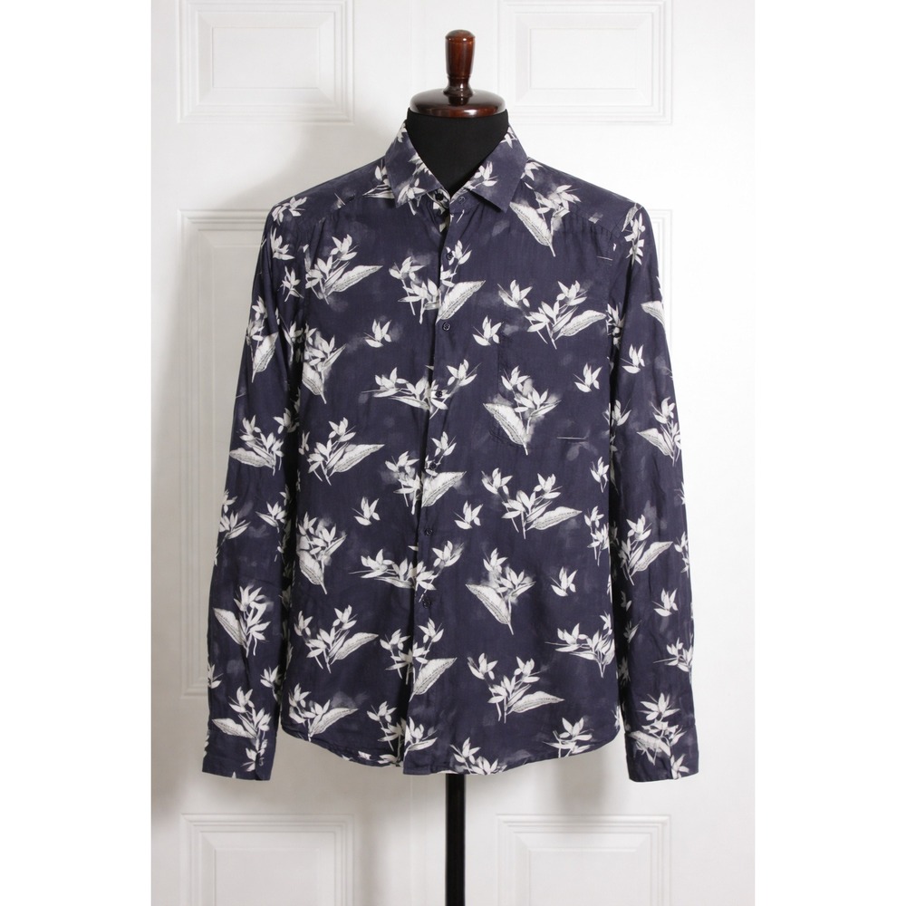Reiss Men's Slim Fit Blue‎ Floral Bird of Paradise Botanical Shirt *SZ Medium